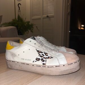Golden Goose Hi Star cheetah star and yellow heel tab